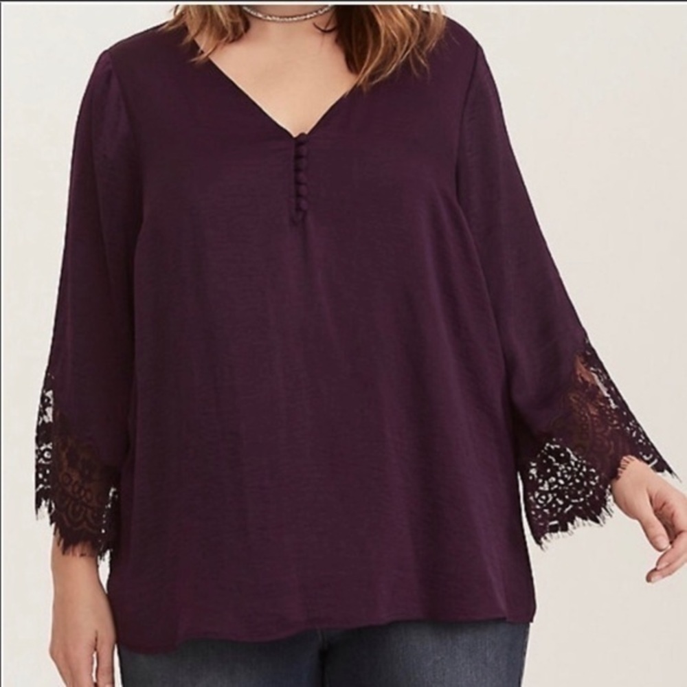 Torrid Purple Silky Flowy V Neck Blouse With Lace Cuffs Large